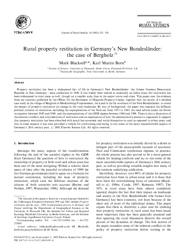 (PDF) Rural property restitution in Germany's New Bundesländer the