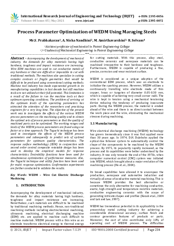 (PDF) IRJET- Process Parameter Optimization of WEDM Using Maraging Steels