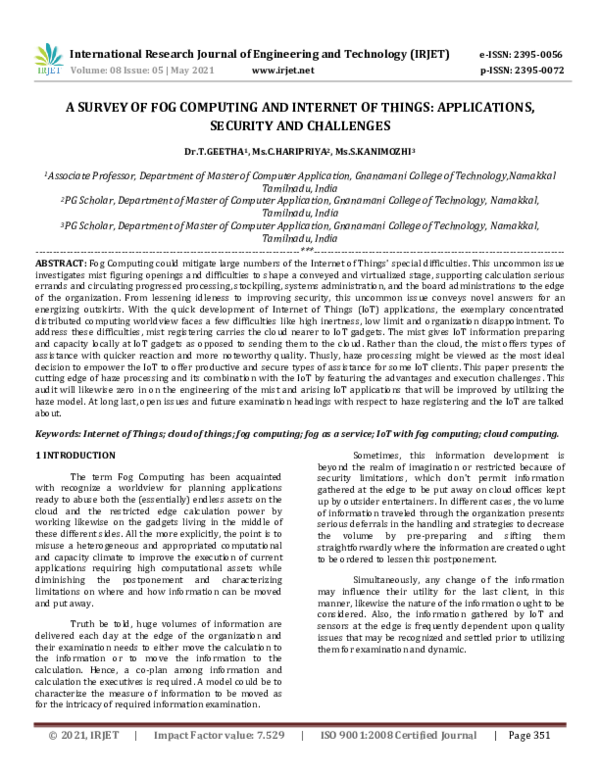 (PDF) IRJET- A SURVEY OF FOG COMPUTING AND INTERNET OF THINGS ...