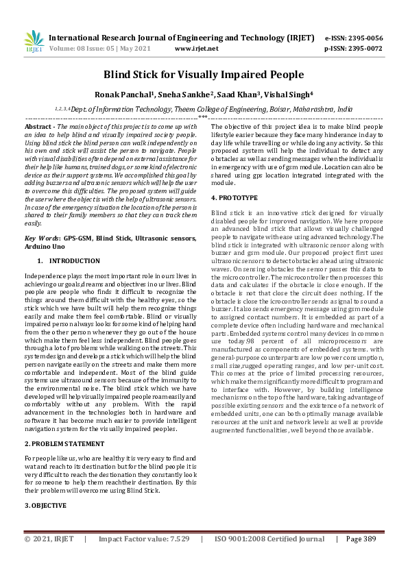 (PDF) IRJET- Blind Stick for Visually Impaired People