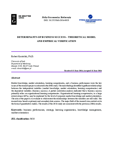 (PDF) Determinants of Business Success – Theoretical Model and ...