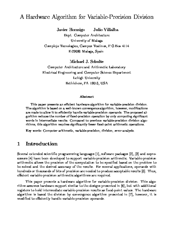 (PDF) A hardware algorithm for variable-precision division