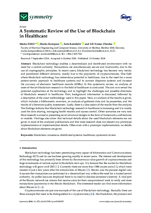 (PDF) A Systematic Review of the Use of Blockchain in Healthcare