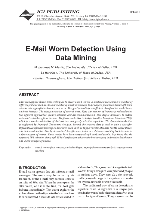 (PDF) E-Mail Worm Detection Using Data Mining