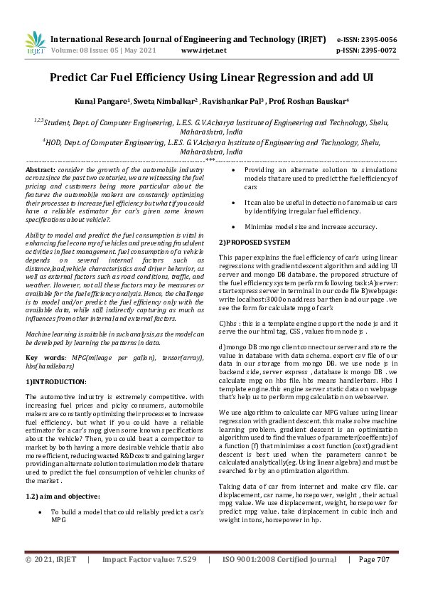 Pdf Predict Car Fuel Efficiency Using Linear Regression And Add Ui