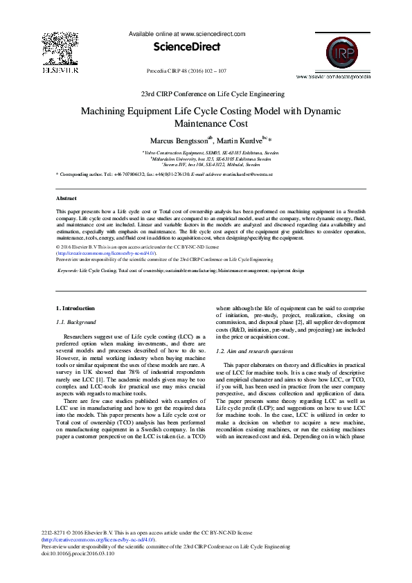 (PDF) Machining Equipment Life Cycle Costing Model with Dynamic