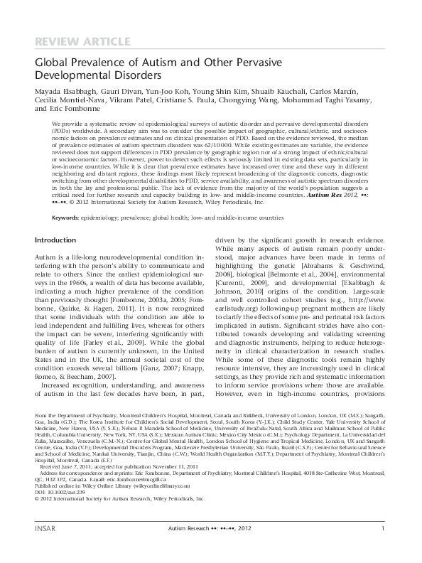 (PDF) Global Prevalence of Autism and Other Pervasive Developmental ...