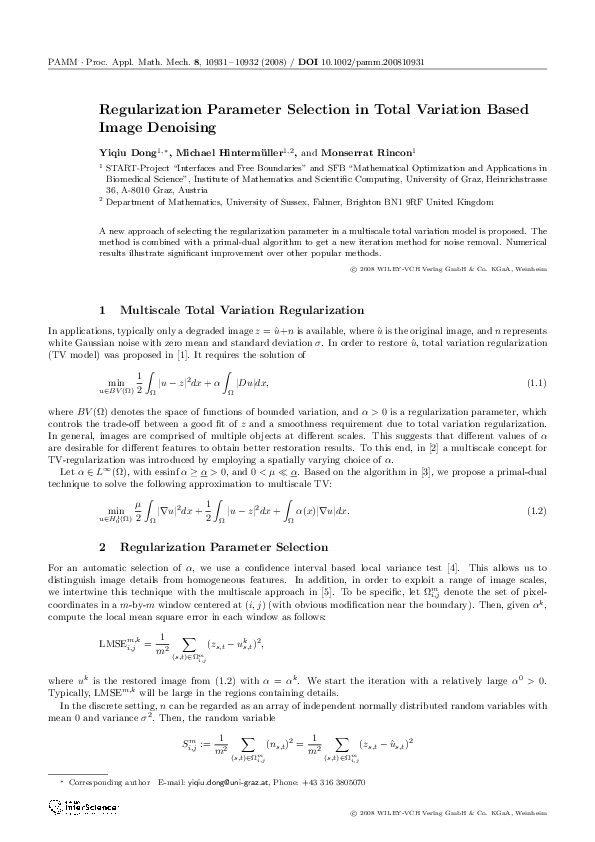 (PDF) Regularization Parameter Selection in Total Variation Based Image ...