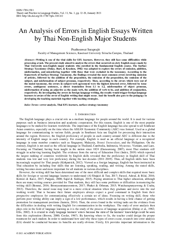 (PDF) An Analysis of Errors in English Essays Written by Thai Non ...