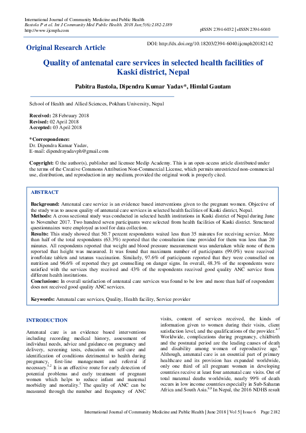 (PDF) Quality of antenatal care services in selected health facilities ...