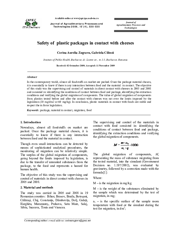 PDF) Safety of plastic packages in contact with cheeses | Corina 