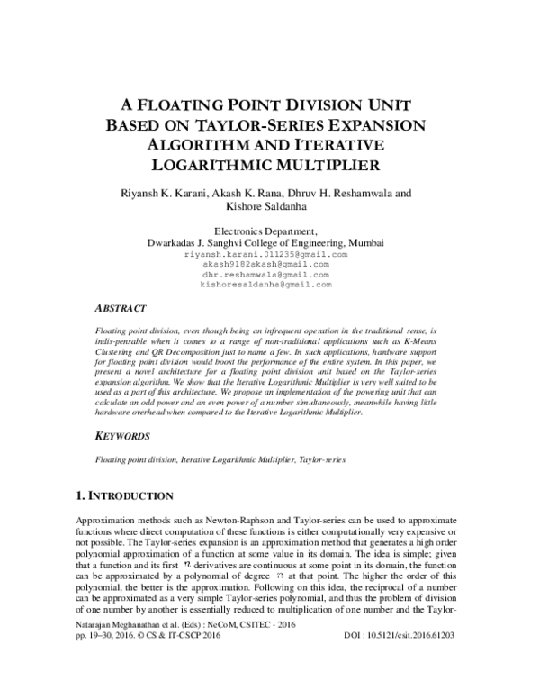(PDF) A Floating Point Divison Unit Based on Taylor-Series Expansion ...