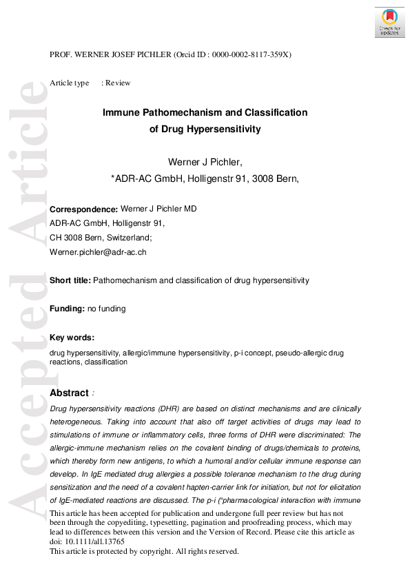 (PDF) Immune Pathomechanism and Classification of Drug Hypersensitivity