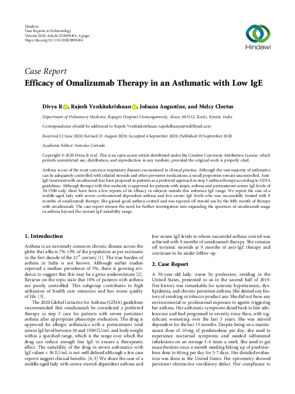 (PDF) Efficacy of Omalizumab Therapy in an Asthmatic with Low IgE