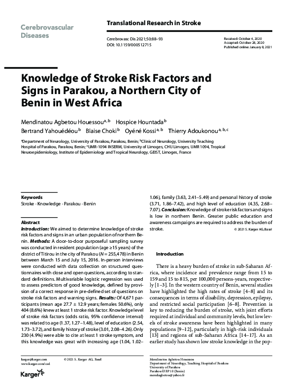 (PDF) Knowledge of Stroke Risk Factors and Signs in Parakou, a Northern ...
