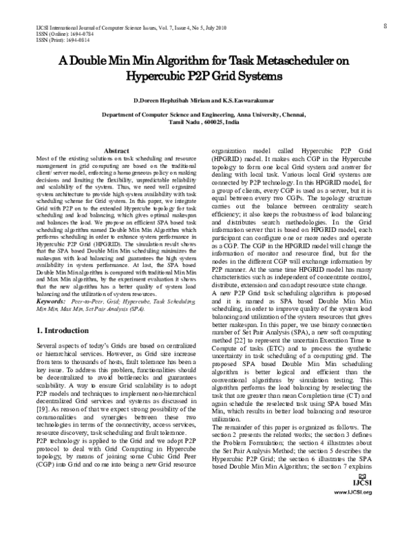 (PDF) A Double Min Min Algorithm for Task Metascheduler on Hypercubic ...