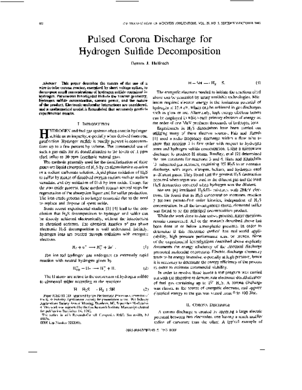 (PDF) Pulsed corona discharge for hydrogen sulfide decomposition