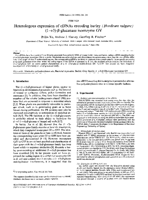 PDF) Heterologous expression of cDNAs encoding barley (Hordeum vulgare) (1  ? 3)-�-glucanase isoenzyme GV | Andrew Harvey - Academia.edu
