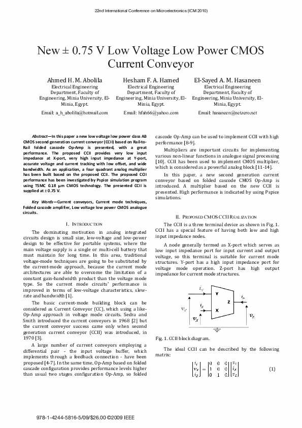 (PDF) New ± 0.75 V low voltage low power CMOS current conveyor
