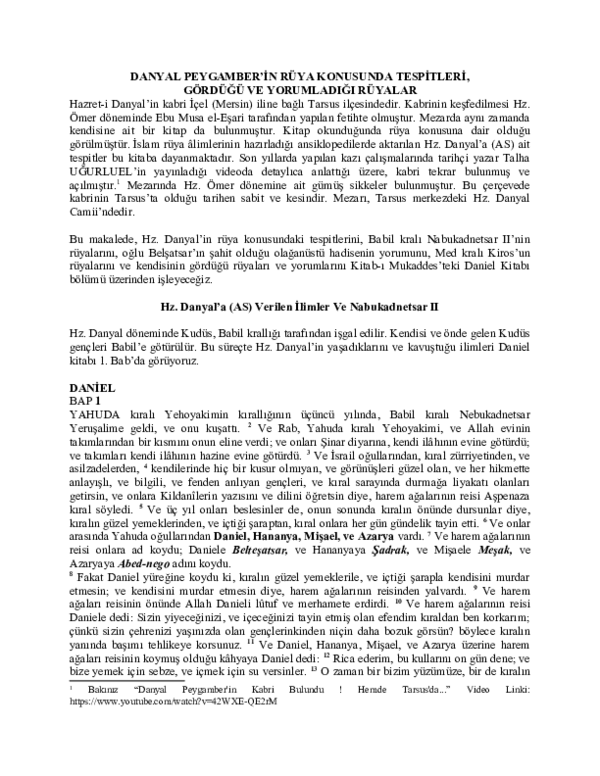 (DOC) Danyal Peygamber'in Rüya Hakkında Görüşleri, Gördüğü ve