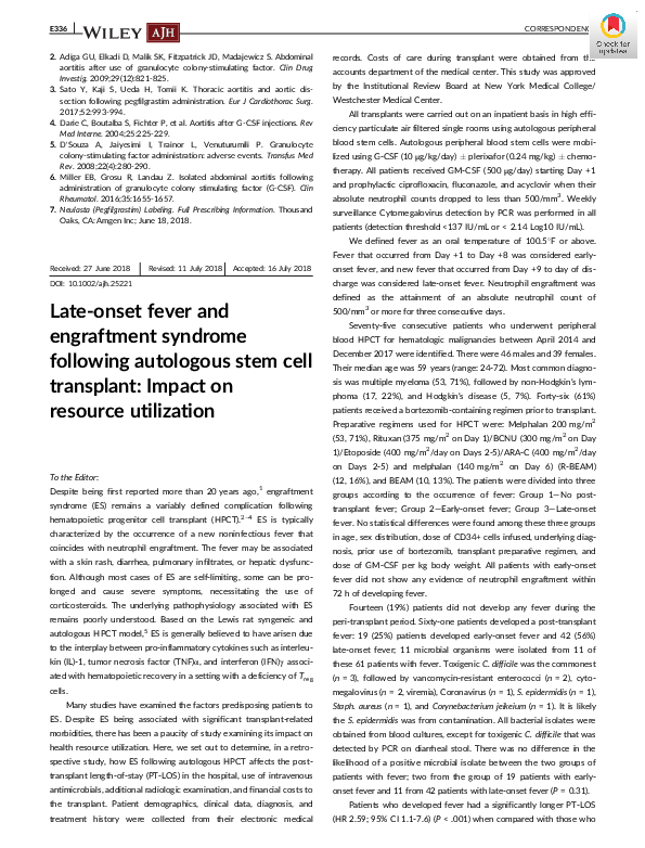 (PDF) Late-onset fever and engraftment syndrome following autologous ...