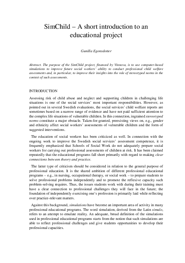 (PDF) SimChild – A short introduction to an educational project