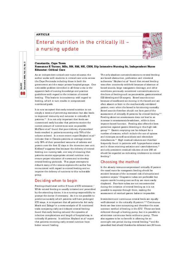 (PDF) Enteral nutrition in the critically ill - a nursing update