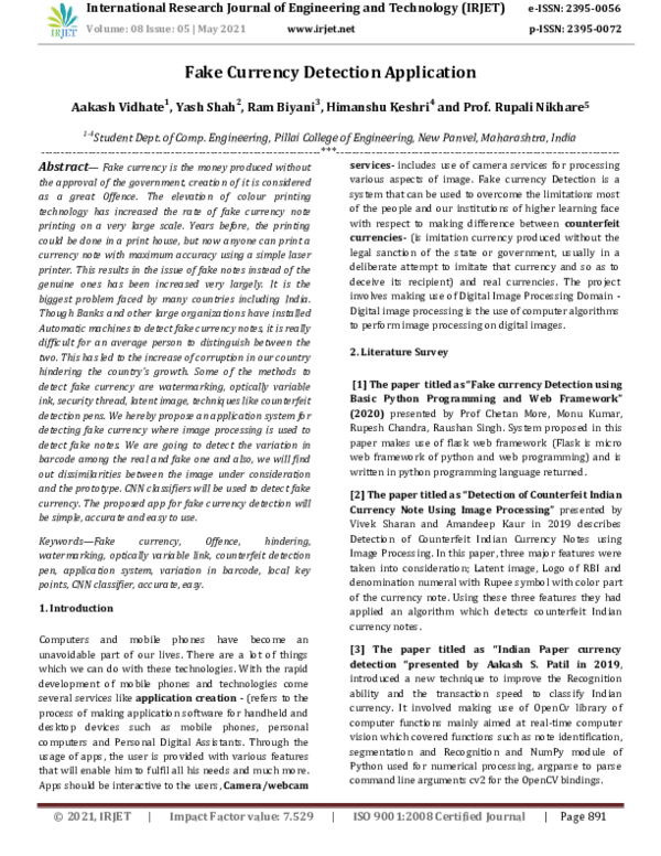 (PDF) IRJET Fake Currency Detection Application IRJET Journal