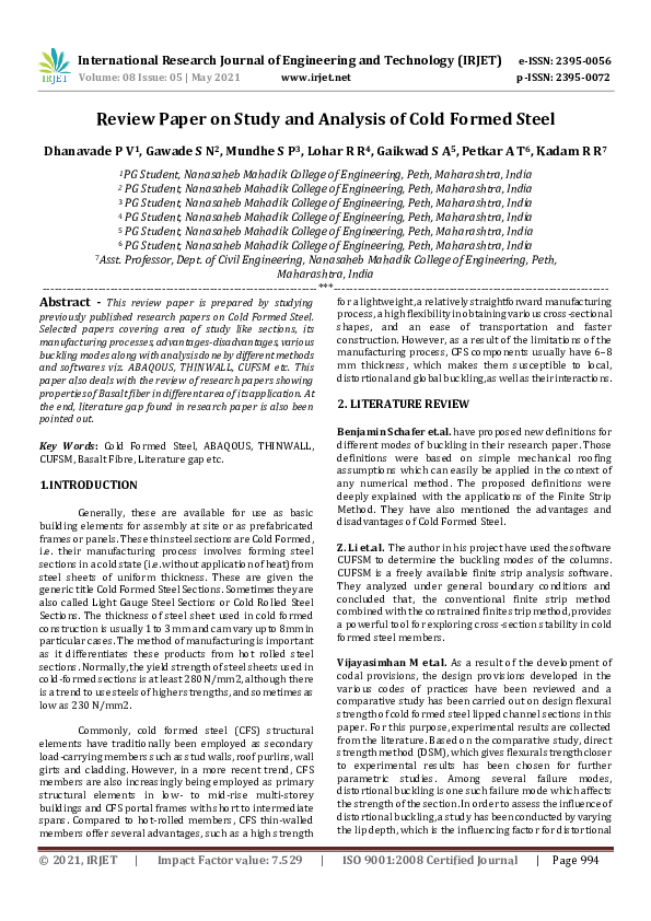 (PDF) IRJET- Review Paper on Study and Analysis of Cold Formed Steel