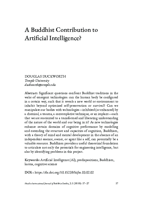 A Buddhist Contribution to Artificial Intelligence?