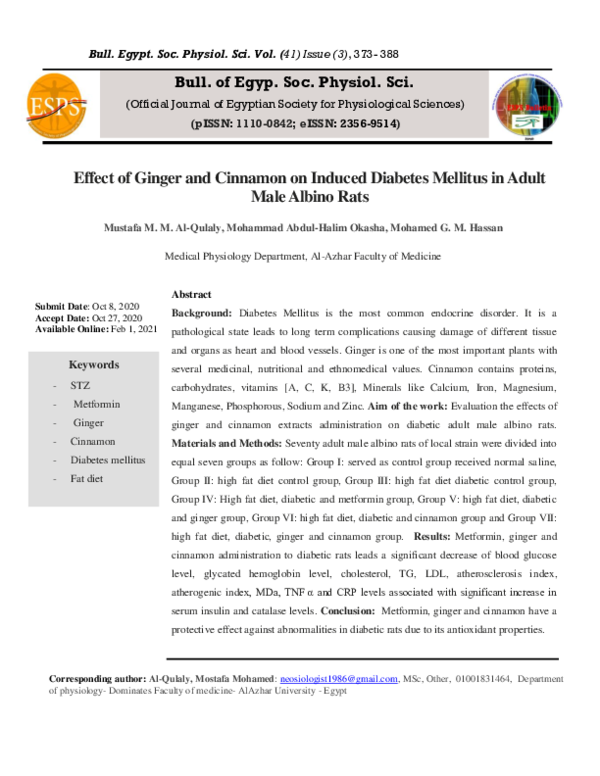 (PDF) Effect of Ginger and Cinnamon on Induced Diabetes Mellitus in ...