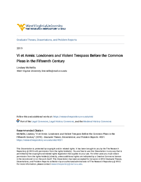 Vi et Armis: Londoners and Violent Trespass Before the Common Pleas in the Fifteenth Century