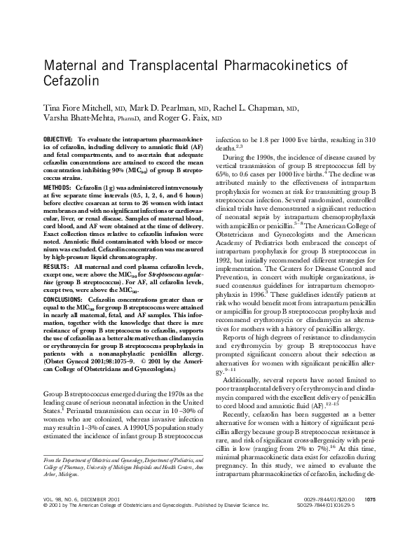 (PDF) Maternal and transplacental pharmacokinetics of cefazolin
