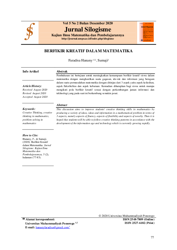 Pdf Berfikir Kreatif Dalam Matematika