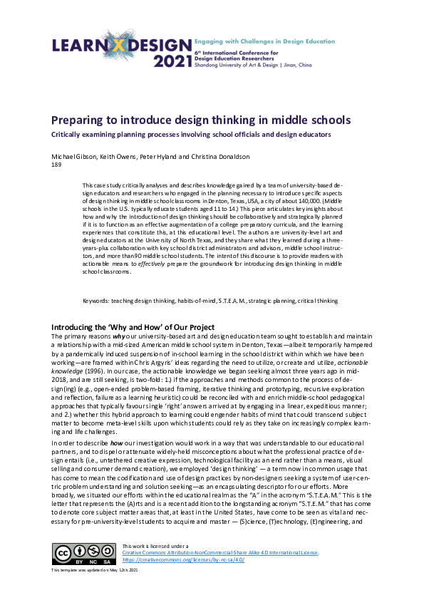(PDF) Preparing to introduce design thinking in middle schools ...