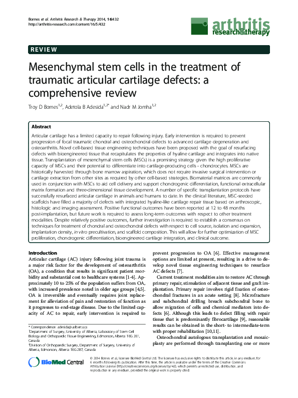 (PDF) Mesenchymal stem cells in the treatment of traumatic articular ...