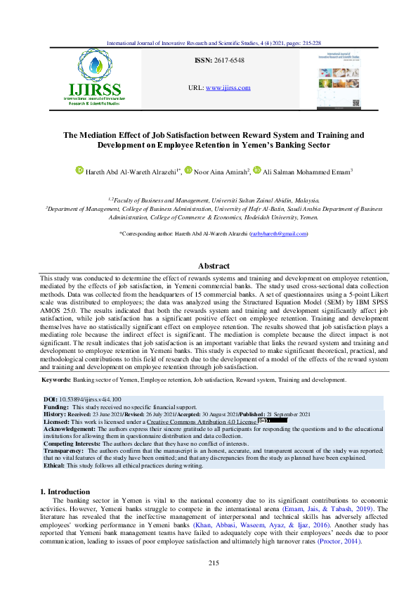 (PDF) The Mediation Effect of Job Satisfaction between Reward System ...