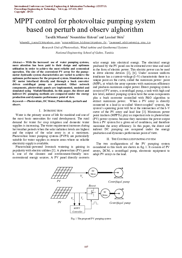 (PDF) MPPT control for photovoltaic pumping system based on perturb and ...