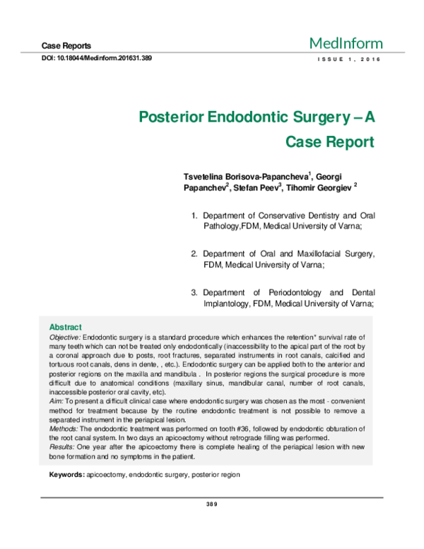 (PDF) Posterior Endodontic Surgery A Case Report Tihomir