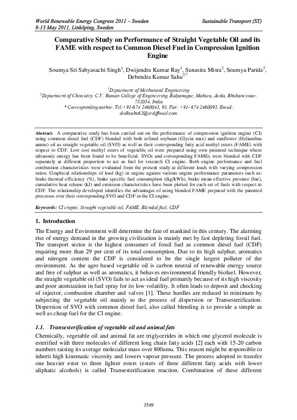 (PDF) Comparative Study on Performance of Straight Vegetable Oil and its FAME with respect to