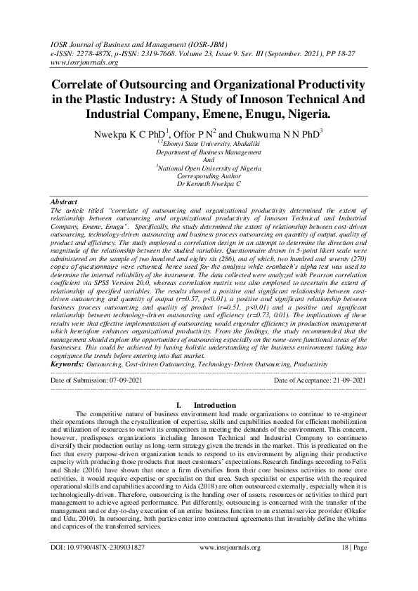 (PDF) Correlate of Outsourcing and Organizational Productivity in the