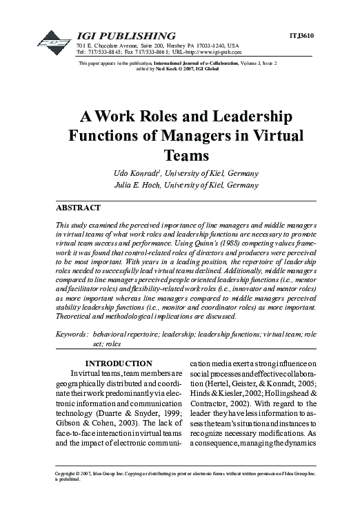 (PDF) A Work Roles and Leadership Functions of Managers in Virtual Teams