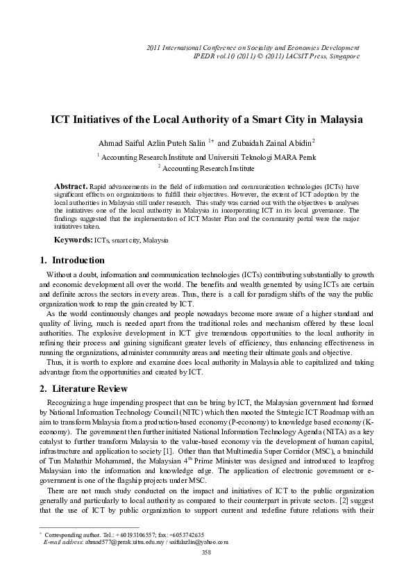 (PDF) ICT Initiatives of the Local Authority of a Smart City in Malaysia
