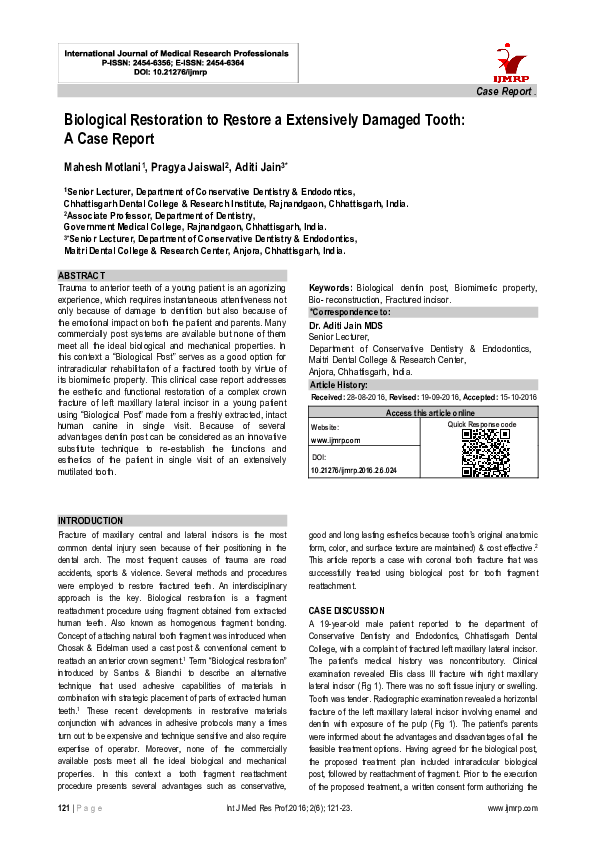 (PDF) Biological Restoration to Restore a Extensively Damaged Tooth: A ...