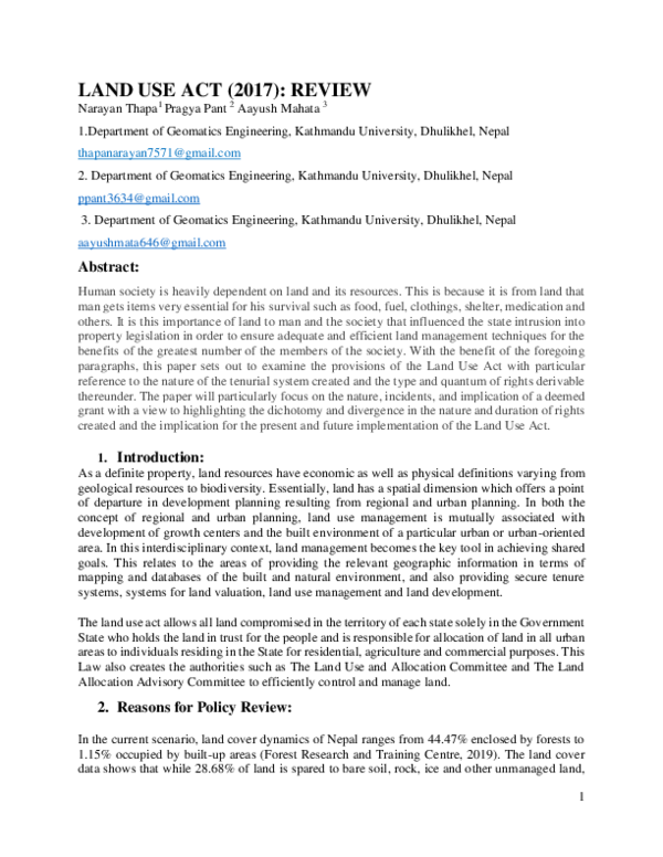 (PDF) LAND USE ACT (2017) REVIEW Narayan Thapa and pragya pant