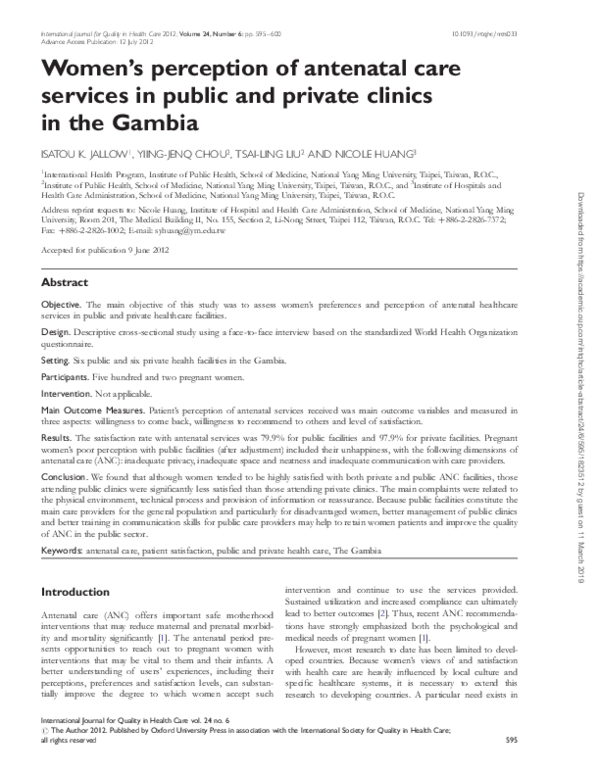 (PDF) Women's perception of antenatal care services in public and ...