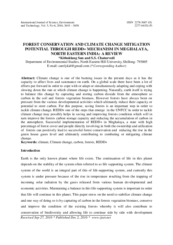 (PDF) FOREST CONSERVATION AND CLIMATE CHANGE MITIGATION POTENTIAL ...