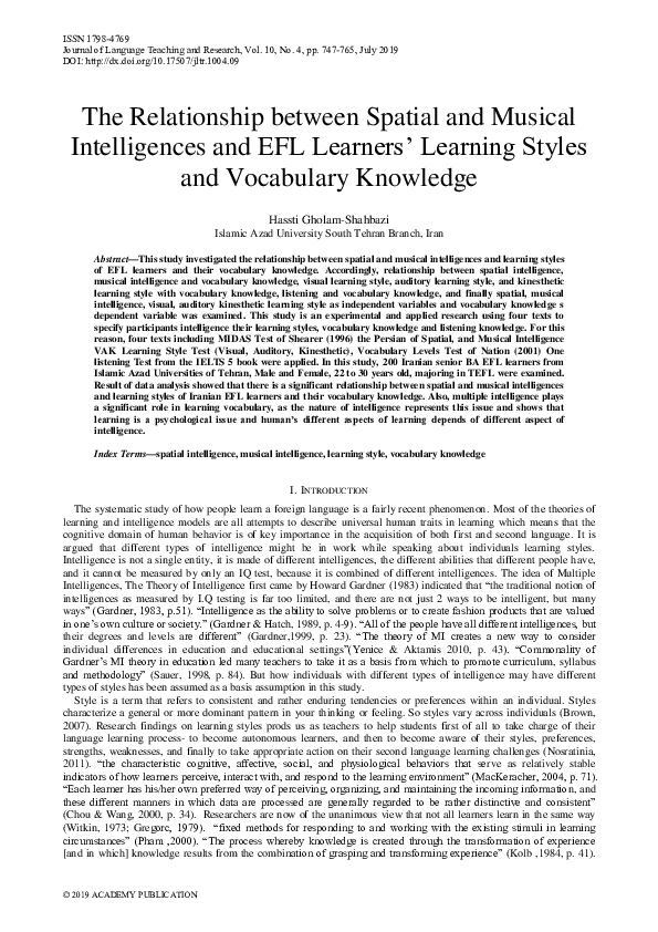 (PDF) The Relationship between Spatial and Musical Intelligences and ...