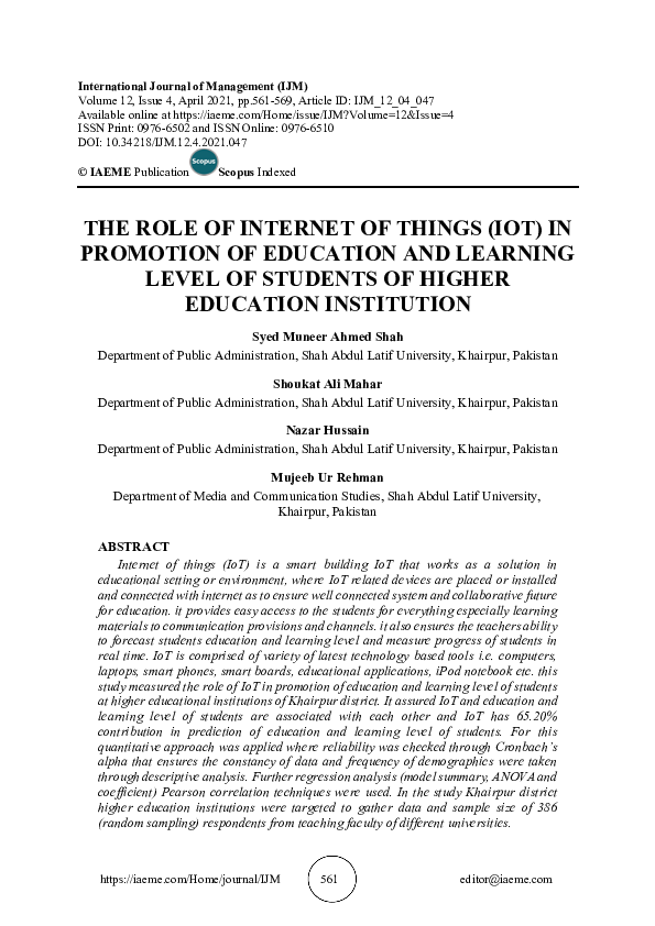 (PDF) THE ROLE OF INTERNET OF THINGS (IOT) IN PROMOTION OF EDUCATION ...
