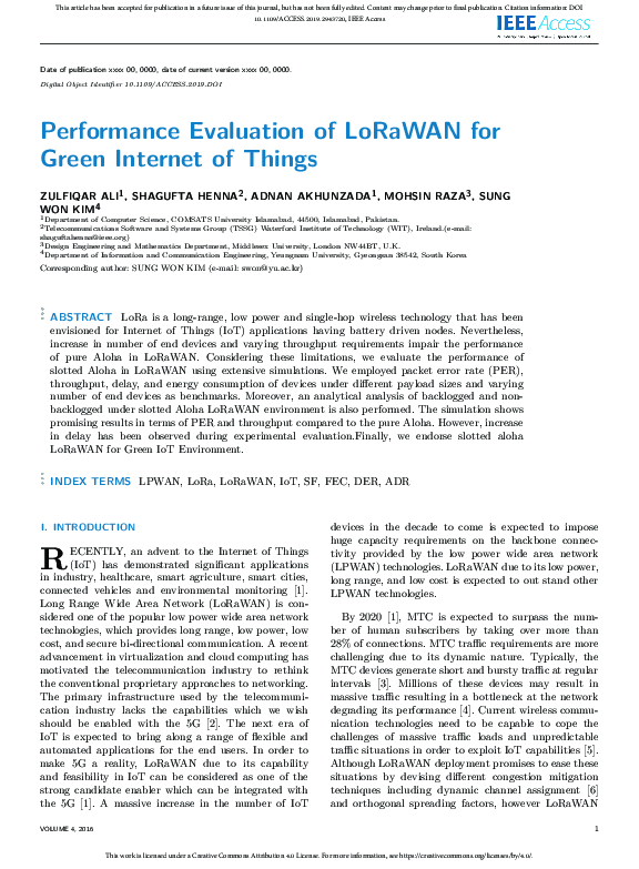 (PDF) Performance Evaluation of LoRaWAN for Green Internet of Things